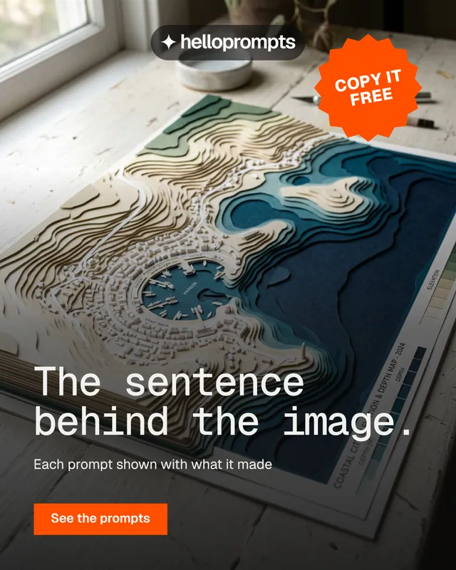 Instagram portrait post for HelloPrompts: "The sentence behind the image." Split block style, sticker layout, dark palette in grey, black, orange.