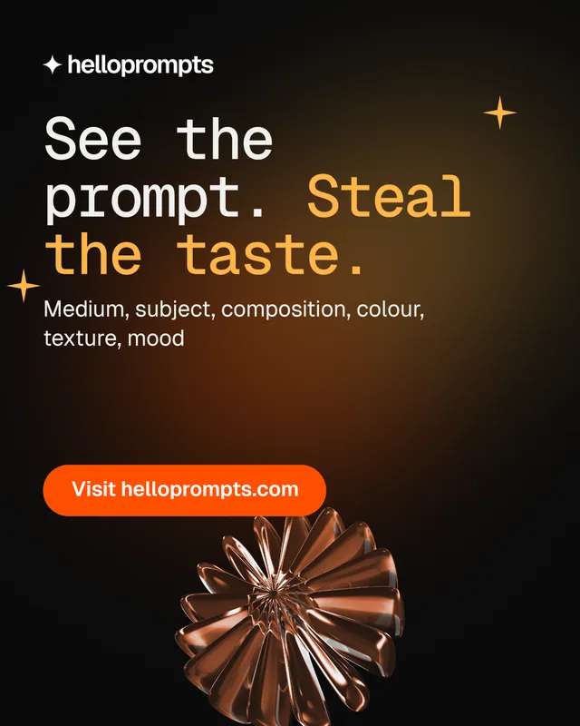 Instagram portrait post for HelloPrompts: "See the prompt. Steal the taste." Y2K style, skeleton layout, dark palette in black, orange, brown.