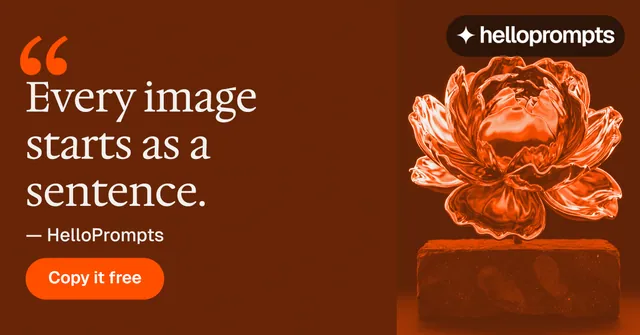 Social ad for HelloPrompts: "The sentence behind the image." Y2K style, quote layout, dark palette in orange.