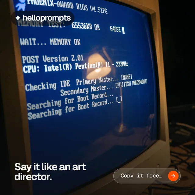 Instagram post for HelloPrompts: "Say it like an art director." Agentic glass style, image led layout, dark palette in black, blue, grey.