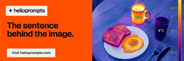 X header for HelloPrompts: "The sentence behind the image." Swiss style, bottom layout, light palette in orange, blue, pink.