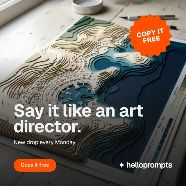 Instagram post for HelloPrompts: "Say it like an art director." Y2K style, sticker layout, dark palette in grey, black, orange.