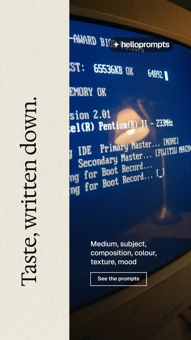 Instagram story for HelloPrompts: "Taste, written down." Editorial style, vertical layout, light palette in blue, orange, yellow.