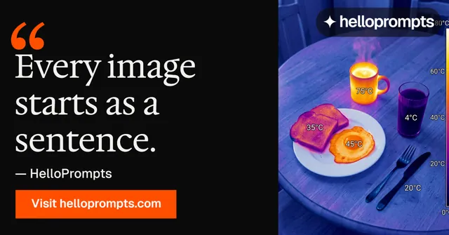 Social ad for HelloPrompts: "Every image starts as a sentence." Brutalist style, quote layout, dark palette in black, grey, purple.