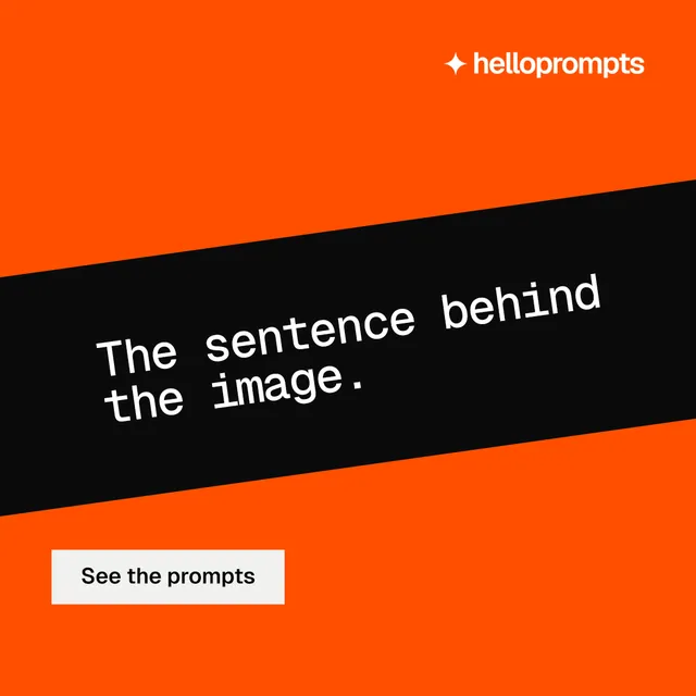 Instagram post for HelloPrompts: "The sentence behind the image." Split block style, diagonal layout, dark palette in orange, black.