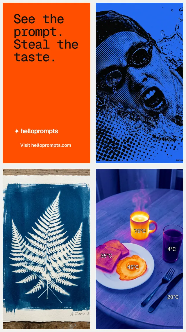 Instagram story for HelloPrompts: "See the prompt. Steal the taste." Swiss style, collage layout, dark palette in blue, grey, red.