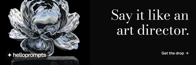 X header for HelloPrompts: "Say it like an art director." Minimal luxury style, right layout, dark palette in black, grey.
