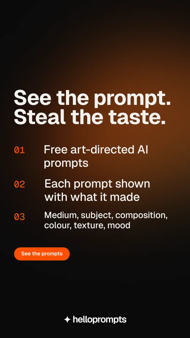 Instagram story for HelloPrompts: "See the prompt. Steal the taste." Y2K style, numbered layout, dark palette in black, orange.