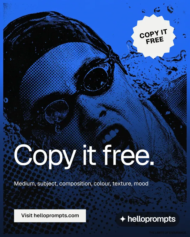 Instagram portrait post for HelloPrompts: "Copy it free." Split block style, sticker layout, dark palette in blue, black.