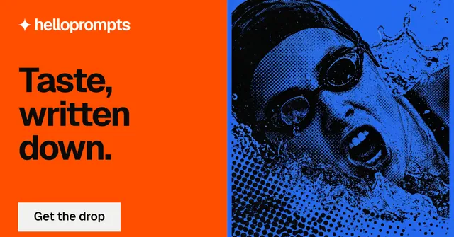 Social ad for HelloPrompts: "Taste, written down." Swiss style, bottom layout, dark palette in orange, black, blue.