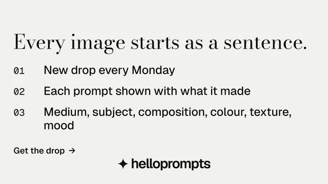 Landscape graphic for HelloPrompts: "Every image starts as a sentence." Minimal luxury style, numbered layout, light palette in white, grey.
