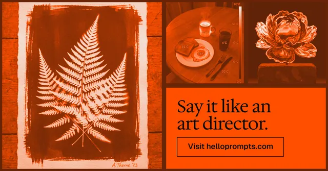 Social ad for HelloPrompts: "Say it like an art director." Editorial style, collage layout, dark palette in orange.