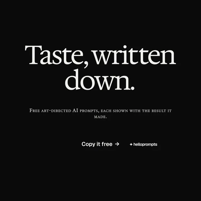 Instagram post for HelloPrompts: "Taste, written down." Swiss style, smallcaps layout, dark palette in black.