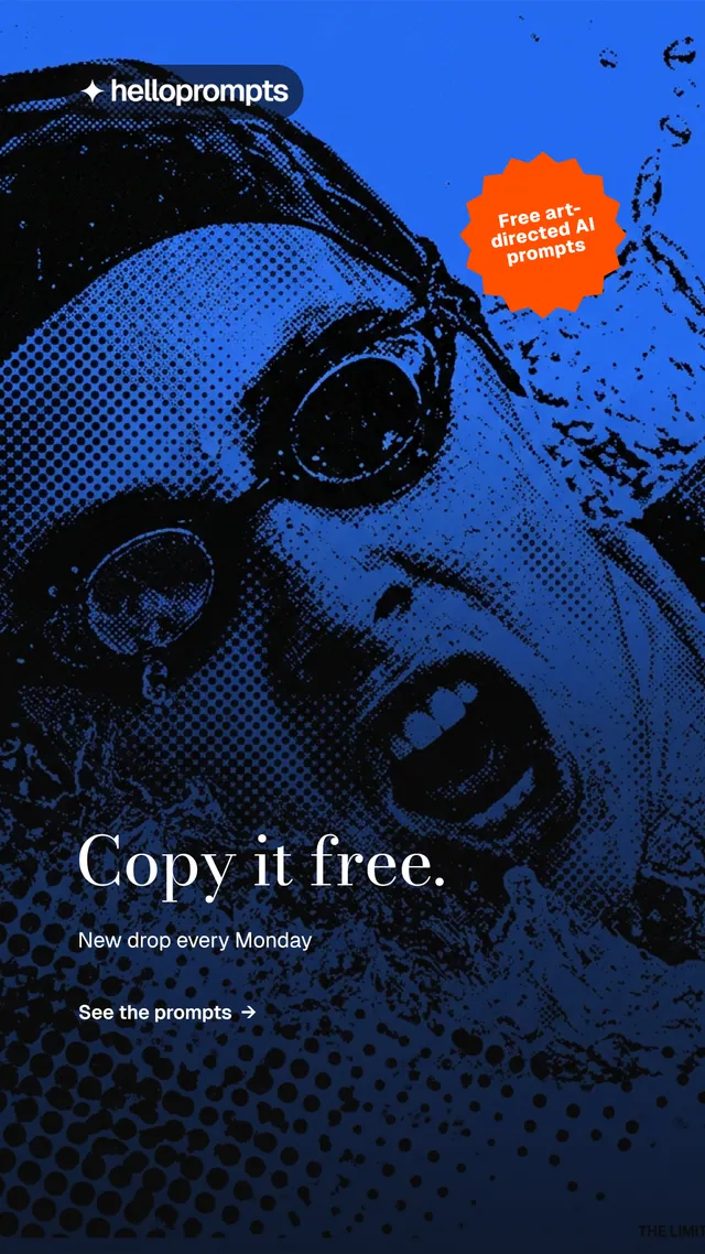 Instagram story for HelloPrompts: "Copy it free." Minimal luxury style, sticker layout, dark palette in black, blue.