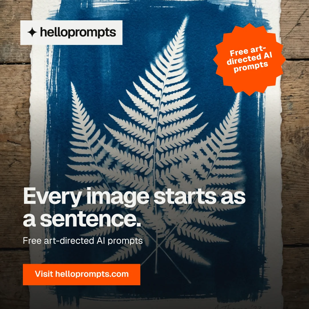 Instagram post for HelloPrompts: "Every image starts as a sentence." Swiss style, sticker layout, dark palette in blue, black, grey.