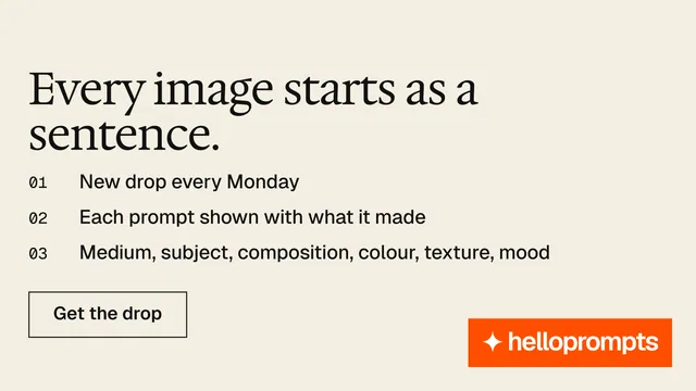 Landscape graphic for HelloPrompts: "Every image starts as a sentence." Editorial style, numbered layout, light palette in white, orange.