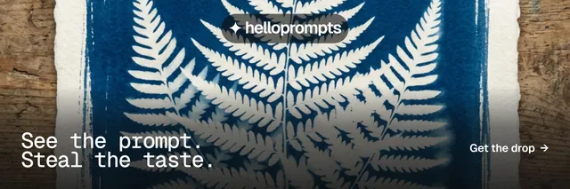 X header for HelloPrompts: "See the prompt. Steal the taste." Brutalist style, image led layout, dark palette in blue, grey, white.