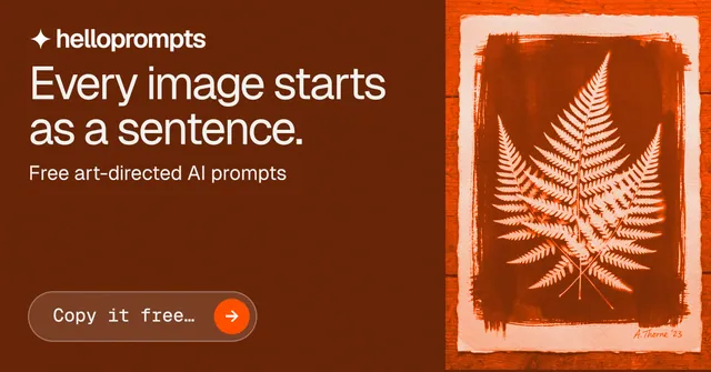 Social ad for HelloPrompts: "Every image starts as a sentence." Agentic glass style, skeleton layout, dark palette in orange.