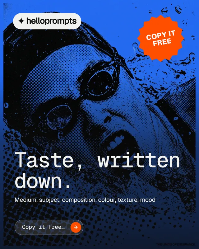 Instagram portrait post for HelloPrompts: "Taste, written down." Agentic glass style, sticker layout, dark palette in blue, black.