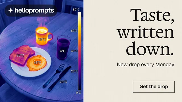 Landscape graphic for HelloPrompts: "Taste, written down." Editorial style, right layout, light palette in orange, blue, grey.