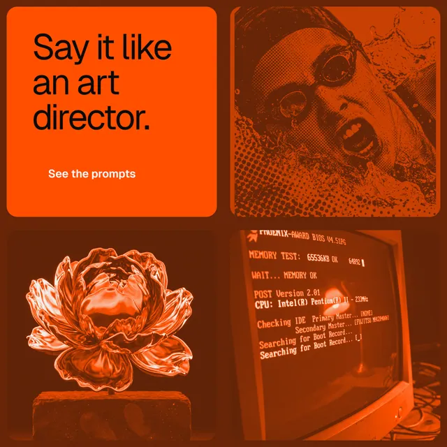 Instagram post for HelloPrompts: "Say it like an art director." Y2K style, collage layout, dark palette in orange.