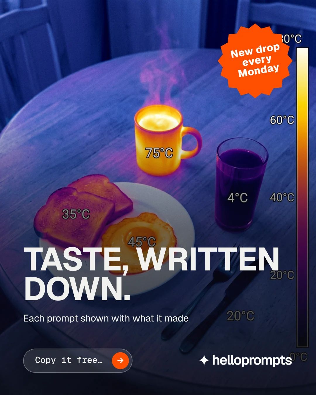 Instagram portrait post for HelloPrompts: "Taste, written down." Agentic glass style, sticker layout, dark palette in blue, grey.