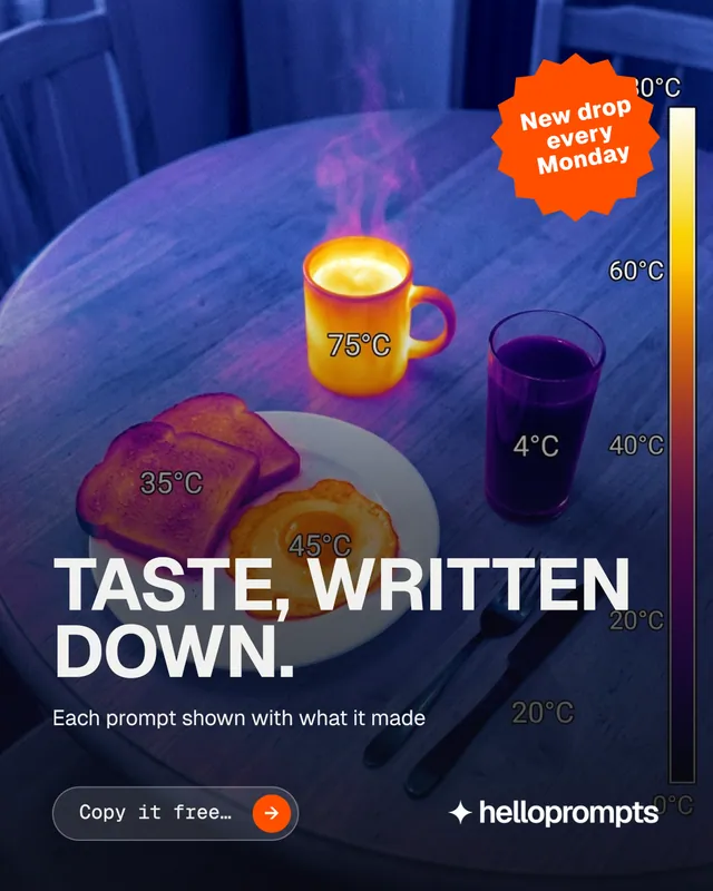 Instagram portrait post for HelloPrompts: "Taste, written down." Agentic glass style, sticker layout, dark palette in blue, grey.