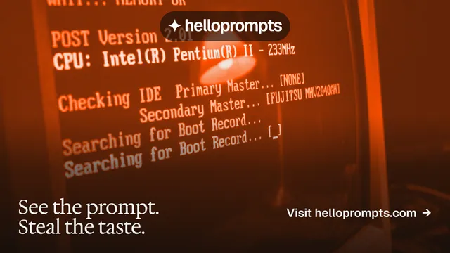 Landscape graphic for HelloPrompts: "See the prompt. Steal the taste." Editorial style, image led layout, dark palette in black, orange, brown.
