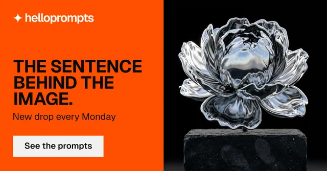Social ad for HelloPrompts: "The sentence behind the image." Split block style, bottom layout, dark palette in orange, black.
