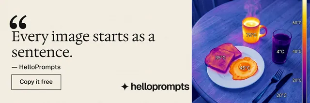 X header for HelloPrompts: "See the prompt. Steal the taste." Editorial style, quote layout, light palette in orange, blue, grey.