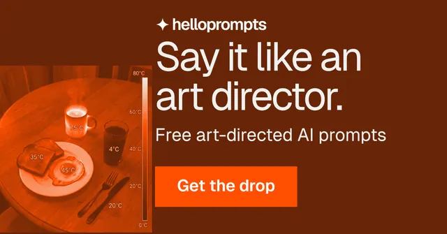 Social ad for HelloPrompts: "Say it like an art director." Swiss style, skeleton layout, dark palette in orange, brown.