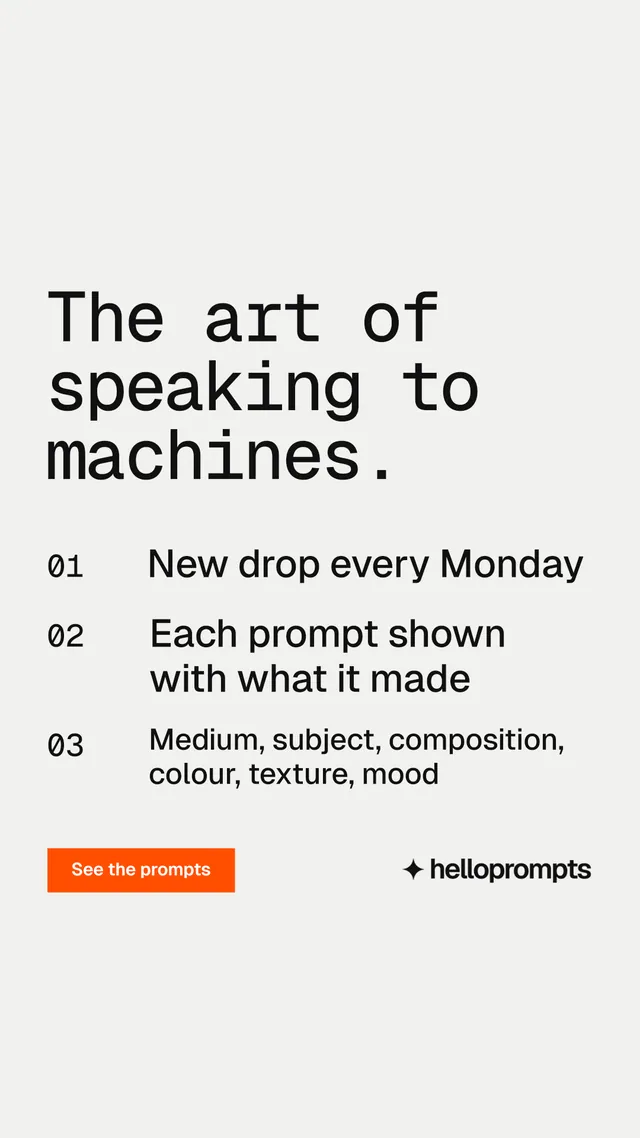 Instagram story for HelloPrompts: "The art of speaking to machines." Swiss style, numbered layout, light palette in white, grey.