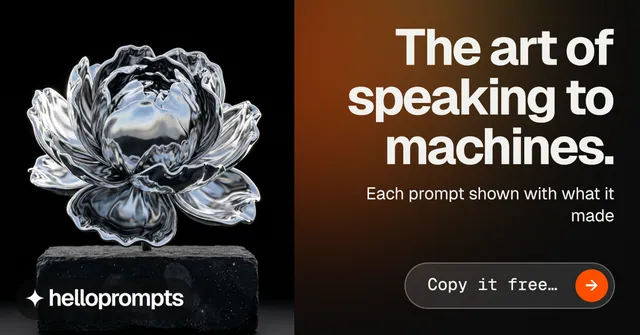 Social ad for HelloPrompts: "The art of speaking to machines." Agentic glass style, right layout, dark palette in orange, grey, black.