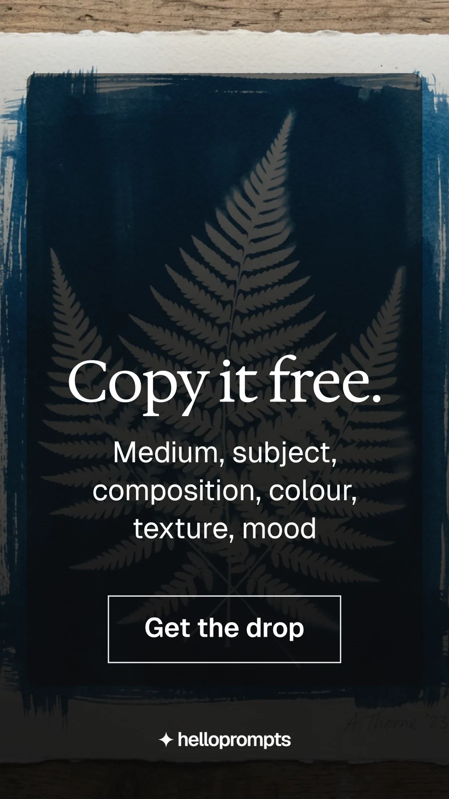 Instagram story for HelloPrompts: "Copy it free." Editorial style, skeleton layout, dark palette in black, grey.