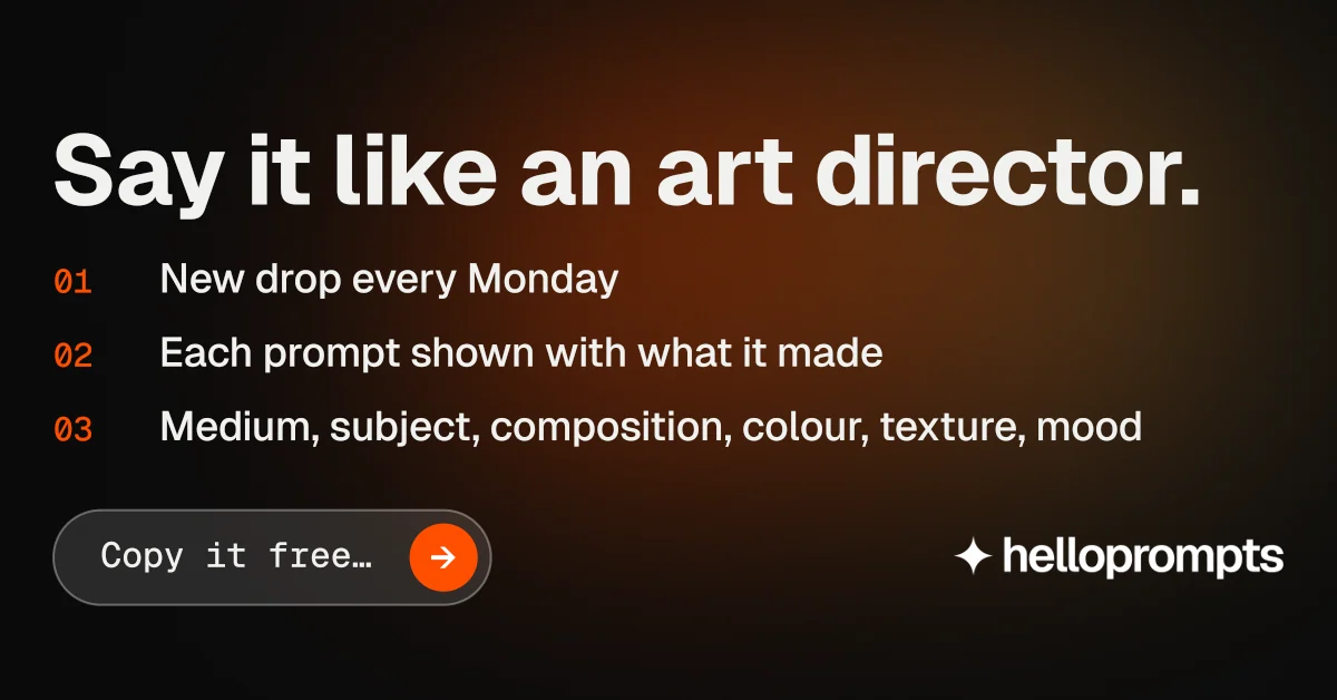 Social ad for HelloPrompts: "Say it like an art director." Agentic glass style, numbered layout, dark palette in orange, black, grey.