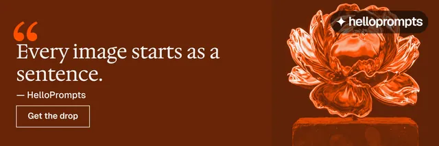 X header for HelloPrompts: "The sentence behind the image." Editorial style, quote layout, dark palette in orange, brown.