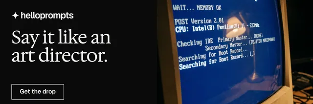 X header for HelloPrompts: "Say it like an art director." Editorial style, bottom layout, dark palette in black, blue, grey.