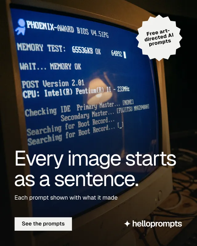 Instagram portrait post for HelloPrompts: "Every image starts as a sentence." Split block style, sticker layout, dark palette in black, blue, grey.
