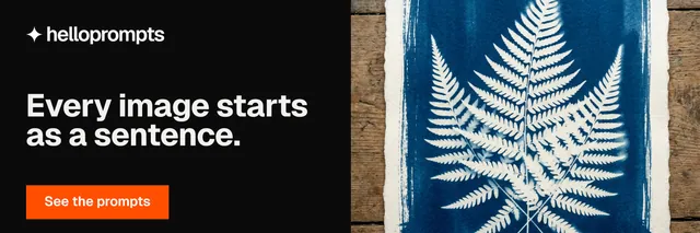 X header for HelloPrompts: "Every image starts as a sentence." Swiss style, bottom layout, dark palette in black, grey.