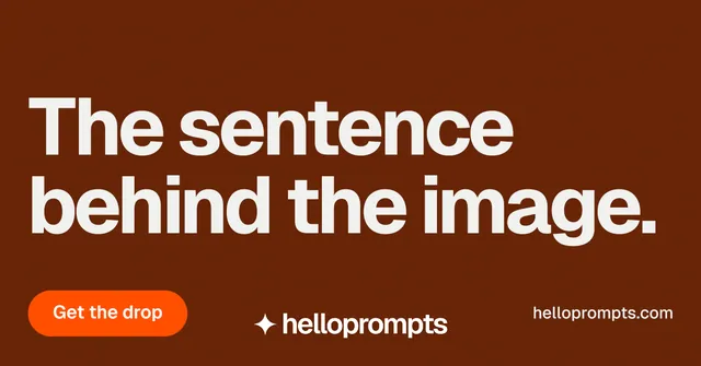 Social ad for HelloPrompts: "The sentence behind the image." Y2K style, poster layout, dark palette in orange.