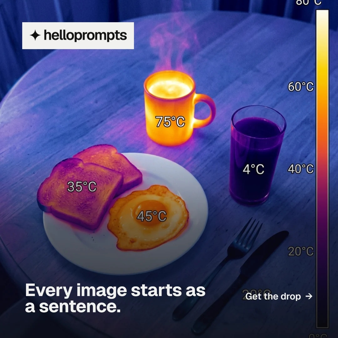 Instagram post for HelloPrompts: "Every image starts as a sentence." Swiss style, image led layout, dark palette in blue, purple, grey.