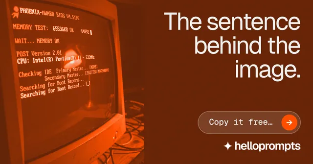 Social ad for HelloPrompts: "The sentence behind the image." Agentic glass style, right layout, dark palette in orange, brown.