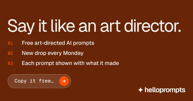 Social ad for HelloPrompts: "Say it like an art director." Agentic glass style, numbered layout, dark palette in orange, brown.