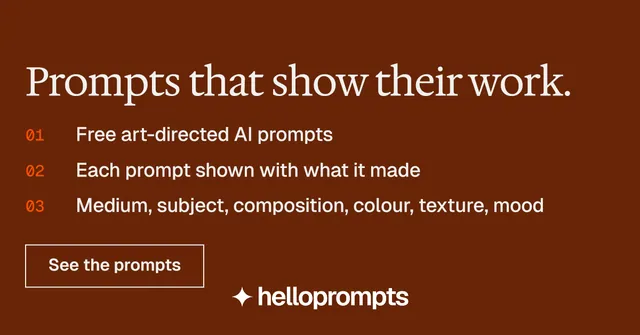 Social ad for HelloPrompts: "Prompts that show their work." Editorial style, numbered layout, dark palette in orange, brown.