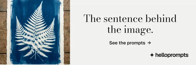 X header for HelloPrompts: "The sentence behind the image." Minimal luxury style, skeleton layout, light palette in white, blue, grey.