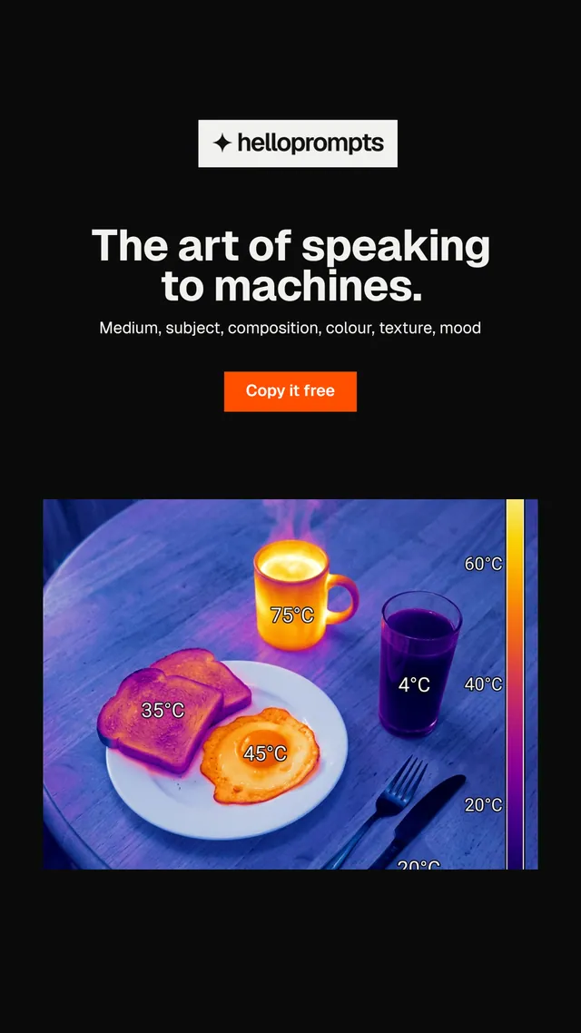 Instagram story for HelloPrompts: "The art of speaking to machines." Swiss style, centred layout, dark palette in black, purple.