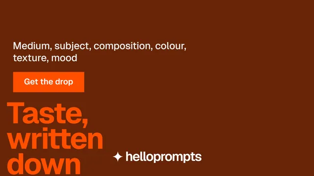 Landscape graphic for HelloPrompts: "Every image starts as a sentence." Swiss style, oversized layout, dark palette in orange.