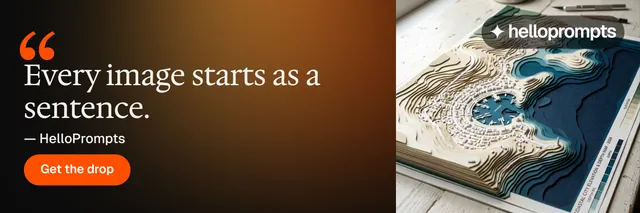 X header for HelloPrompts: "Every image starts as a sentence." Y2K style, quote layout, dark palette in black, orange, grey.