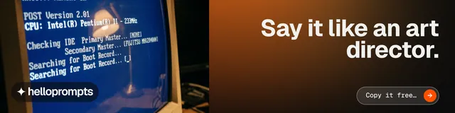 LinkedIn banner for HelloPrompts: "Say it like an art director." Agentic glass style, right layout, dark palette in orange, black, grey.