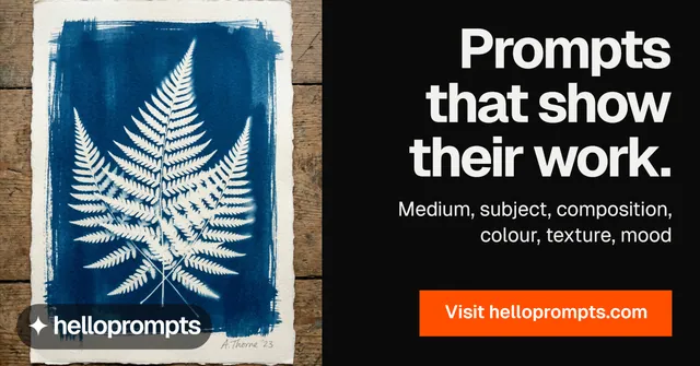 Social ad for HelloPrompts: "Prompts that show their work." Split block style, right layout, dark palette in black, grey, orange.